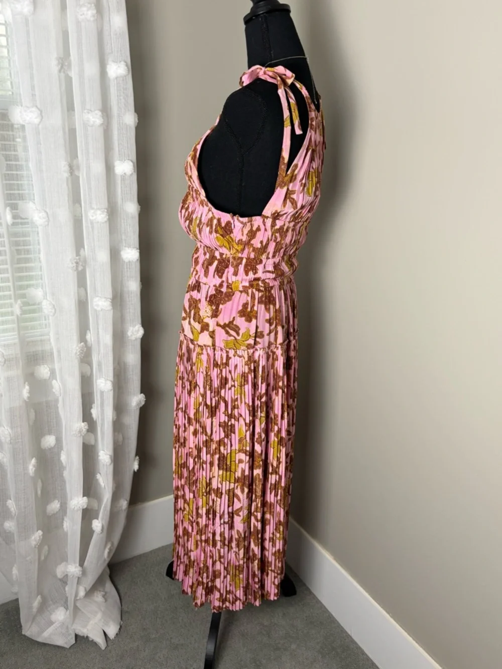 Ulla Johnson Amalthea 100% Silk Pink and Brown‎ Floral Pleated Midi Dress Size 4